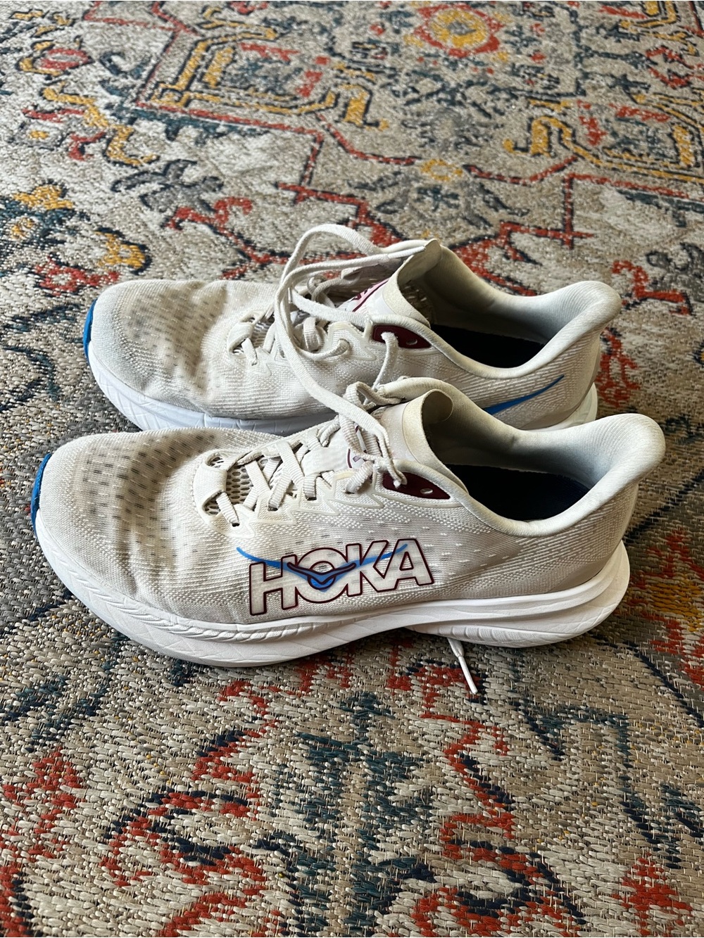 Hoka Womes’ Cream/White Sneakers with Blue Logo Accent 10B
